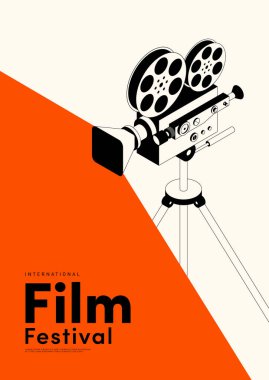 Film ve film afiş tasarım şablonu ve klasik film kamerası. Arkaplan, pankart, broşür, broşür, broşür, broşür, baskı, yayın, vektör illüstrasyonu için kullanılabilir