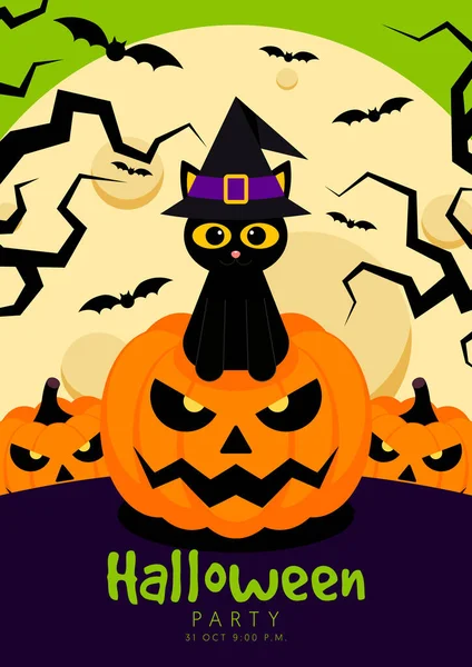 Happy Halloween Party Sablon Tervezés Háttér Dekoratív Fekete Macska Tök — Stock Vector