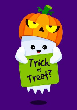 Cadılar bayramı parti şablonu tasarımı dekoratifiniz kutlu olsun balkabağı kafası düz tasarım tarzı, vektör illüstrasyonlu hayaletler