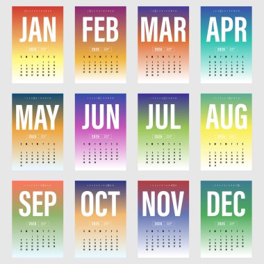 2026 Calendar template design with vibrant gradient color. Modern futuristic minimalist style. Week starts on Sunday. Vector illustration
