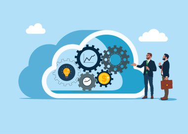 Server room in the shape of a cloud. Data in a database on cloud storage. Effort and time to make money, success long term investment, deadline effect to make people finish work.Vector illustration