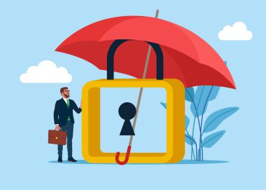 Padlock under umbrella. Insurance, money protection, finance safety concept. Flat vector illustration