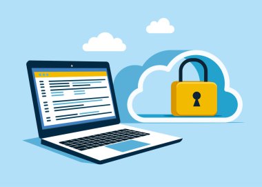 Cloud programming with developer laptop. The data is securely protected. Server room in the shape of a cloud. Data in a database on cloud storage. Vector flat illustration