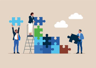 Bulmaca elemanlarını birleştiren iş ekibi. Takım çalışması, işbirliği, ortaklık. İş sorununu, iş bağlantısı kavramını çözmeyi düşünüyorum. Vektör düz resimleme