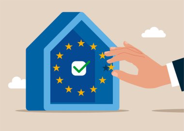 Avrupa Birliği bayrağı salonda. Avrupa 'ya, evine. Biz Avrupa 'yız. Avrupa Birliği 'nde bütünleşme. Vektör düz resimleme