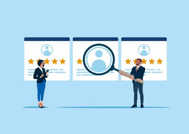 Ekibi işe alanlar seçer. Yeni ekipten ekibe. Gemide çalışan biri. İş adamlarının insan kaynakları departmanı ve bir adayınkini seçmesi için büyüteç. Vektör düz resimleme