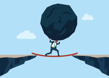 Büyük bir taş taşıyan iş adamı uçurumları aşıyor. İş sorunu kriz zorluk ve yük. İş sorununu çöz. Vektör Düz Çizim.