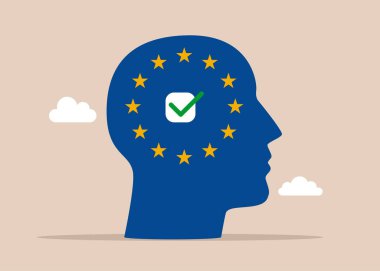 İnsan kafasında Avrupa Birliği bayrağı. Avrupa 'ya, evine. Biz Avrupa 'yız. AB entegrasyonu. Vektör düz resimleme