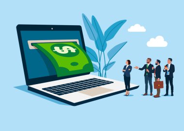 Bir dolarlık banknot dizüstü bilgisayardan çıkıyor. İnternetten kazanç, E-ticaret, internet pazarlaması. Online Tasarruf. Vektör düz resimleme