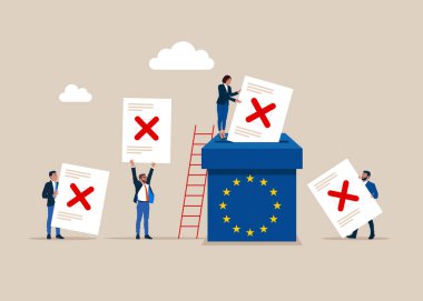 Herkese karşı, ben kimseye oy vermem. Oy sandığı ve seçmenler. Avrupa Birliği 'nde oy kullanma. Seçim sandığına kağıt oylar. Demokrasi Özgürlük Konsepti. Düz vektör illüstrasyonu