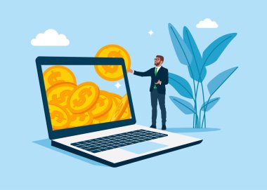  İşadamı dizüstü bilgisayardan bir dolar alır. Dizüstü bilgisayarda dolar sikkeleri. İnternetten kazanç, E-ticaret, internet pazarlaması. Online Tasarruf. Vektör düz resimleme