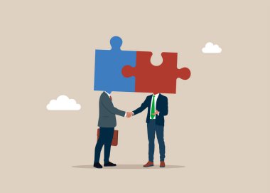 Takım çalışması yapbozun bir parçası olarak birbirine bağlıdır. İş birleşme ve satın alma. Pazarlığın sonu, başarı. Vektör düz resimleme