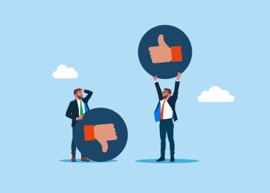 İş adamları hoşlanıp hoşlanmadıklarını tartışıyor. Müşteri geri bildirimi. Vektör düz resimleme