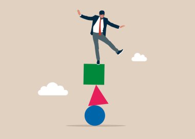 İş adamı farklı şekiller, daire, kare ve üçgen taşlar dengeleniyor, uyum ve denge kavramı. Vektör düz resimleme