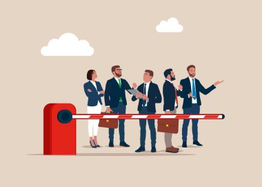 Bariyer kapısının yakınındaki işadamları. Dur ve reddet. Düz vektör illüstrasyonu