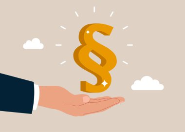 İş adamı yatırımcı elinde paragraf simgesi tutuyor. Adalet kavramı. Vektör düz resimleme