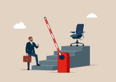 Profesyonel ve kariyer gelişimi. Yükselen bariyerleri ve yukarı çıkan merdivenleri olan bir iş adamı. Yeni bir kariyerin başlangıcı. Vektör düz resimleme