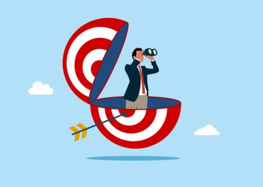 Girişimci ileriyi görmek için açık hedef tahtası kullanıyor. Hedef ve dart. Bilerek konsantre ol. Vektör düz resimleme