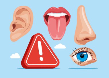 İnsan organları. Burun, kulak, göz, ağız ve dil ve ünlem işareti. Kritik günler. Hastayı kontrol ediyorum. Anatomi. Sağlık kontrol listesi organları. Vektör düz resimleme.