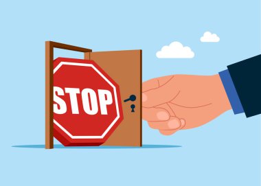 El, dur işaretini görmek için kapıyı açıyor. Yeni sorun, kriz. Tehlike durumu. Kovuldun. Ofise girmeme izin vermiyorlar. Vektör düz resimleme