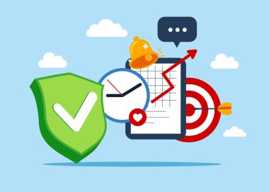 Üzerinde onay işareti olan yeşil bir kalkan. Pazarlık iyi. İş ekibi ve proje geliştirme. Proje yöneticisi aracı. Vektör düz resimleme