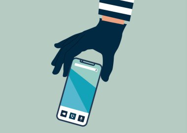Hırsız cep telefonu çalıyor, akıllı telefondan para çalıyor, kişisel bilgiler çalıyor. Düz biçimli modern vektör illüstrasyonu