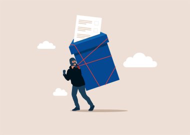 Hırsız oy çalıyor, seçim sandığına kağıt oy kullanan hırsız. Vektör düz resimleme