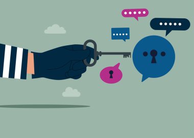 Anahtar ve konuşma baloncukları olan bir soyguncu. Diyalog şifreleme, tartışma, konuşma, toplantı, takım iletişimi. Düz vektör illüstrasyonu