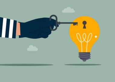 Hırsızlık ya da yaratıcılık. Soyguncunun elinde anahtar var. Ampul ışığına kilit takmak üzere. Düz biçimli modern vektör illüstrasyonu