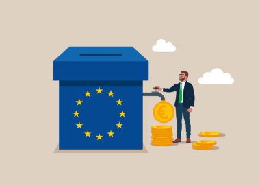 Avrupa Birliği ve su musluğu açan bir iş adamı. Dolarlar musluktan çıkıyor. Bağış toplama ve cömertlik. Düz vektör illüstrasyonu