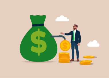İş adamı, para çantasından bir sonraki madeni parayı almak için musluk açıyor. Finansal yatırımlar. Düz vektör illüstrasyonu