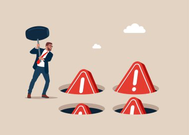 Elinde çekiç tutan bir iş adamı köstebek deliğinde ünlem işaretlerine çarpıyor. Hamster oyunu oynuyorum. Düz vektör illüstrasyonu