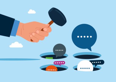 El ele tutuşan çekiç, köstebek deliğinde konuşma baloncuklarına çarpıyor. Hamster oyunu oynuyorum. Tartışma, sohbet, toplantı, takım iletişimi. Düz vektör illüstrasyonu