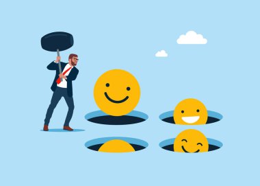 Elinde çekiç tutan bir iş adamı köstebek deliğinde gülen surat emojisine çarpıyor. Hamster oyunu oynuyorum. Düz vektör illüstrasyonu