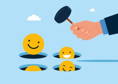 El ele tutuşmak, olumlu gülümseyen yüz ifadesine bir köstebek deliğine çarpar. Hamster oyunu oynuyorum. Düz vektör illüstrasyonu