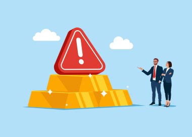 Üzerinde ünlem işareti olan bir yığın altın külçe. Altın yatırımı, finansal krizde güvenli sığınak ya da servet yönetimi ve varlık tahsisi. Düz vektör illüstrasyonu