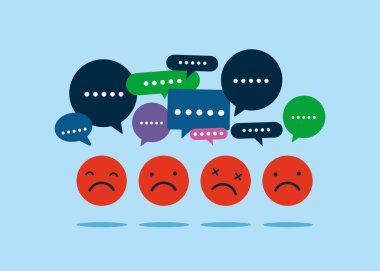 Olumsuz bir şekilde ifade baloncuklarıyla yüz yüze. Tartışma, konuşma, toplantı, takım iletişimi, iş arkadaşı sohbeti, görüş. Düz vektör illüstrasyonu.