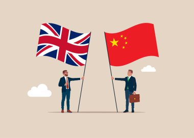 İkili siyasi ilişkiler. İki dostluk bayrağı. İşadamları, Birleşik Krallık ve dost ülkeleri Çin arasında birleşti. Düz vektör illüstrasyonu.