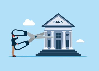 İşadamı banka evini makasla kesmek için makas kullanıyor. Parayı bölüşür, karı paylaşırız. Maliyet indirimi ya da indirimli fiyat. Modern düz vektör illüstrasyonu