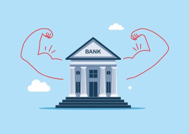 Banka binası sağlam bir jest yapıyor. Para gücü. Büyük saygı. Tasarruf. Finans ve endüstri. Düz biçimli modern vektör illüstrasyonu