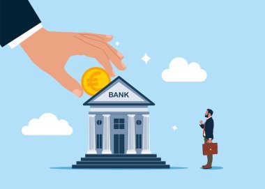 Avro parasını banka hesabına yatırmak. Bankacılık ve finansal hizmetler. Düz vektör illüstrasyonu.