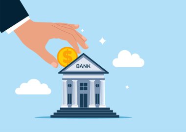 Bir dolar para yatırmak bir ev bankası para tasarrufu. Bankacılık ve finansal hizmetler. Düz vektör illüstrasyonu.