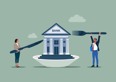 İş adamları çatal bıçak tutar ve banka yerler. Açgözlü işadamı ve kadın tüketiciliği simgeleyen parayı yiyorlar. Düz vektör illüstrasyonu