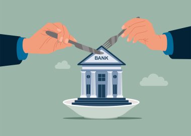 Birikimleri harcamak, yemek masrafları. Bıçak ve çatalı tabakta tutan eller. Tüketici tasarrufu. Çatal ve bıçakla tabağa yaslan. Düz vektör illüstrasyonu