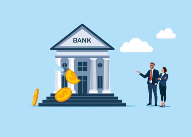 İş adamları ve paralı iflas etmiş bir banka. Düz biçimli modern vektör illüstrasyonu