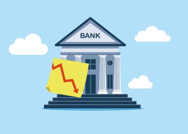 İflas. Finansal kriz ve para kaybı. Üzerinde kırmızı ok olan bir banka. Borç geri ödeme, taksit planı. Düz biçimli modern vektör illüstrasyonu