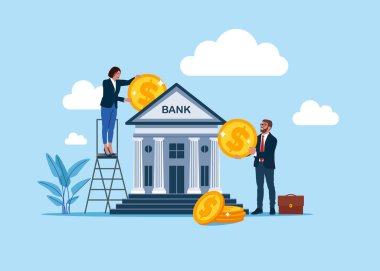 İşadamları parayı bankanın para tasarrufuna yatırıyor. Küresel iş yatırımları Düz biçimli modern vektör illüstrasyonu