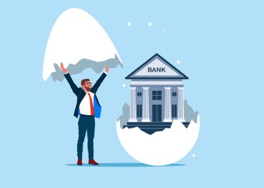 İşadamı yumurtadan çıkan yumurtayı bankayla keşfetti. Yeni yaratıcı fikir düşünme süreci. Geri kazanç, yatırılan maliyetlerin getirileri. Düz vektör illüstrasyonu.