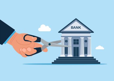 El, banka evini makasla kesmek için makas kullanıyor. Parayı bölüşür, karı paylaşırız. Maliyet indirimi ya da indirimli fiyat. Düz vektör illüstrasyonu