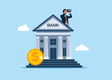 Çatıdaki işadamı para biriktirmek için dürbün kullanıyor. Vektör illüstrasyonu